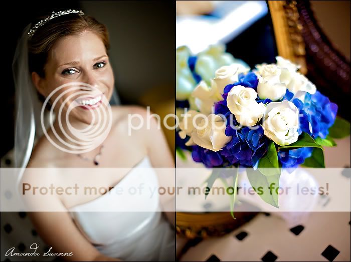 bride portrait and white and blue bouquet